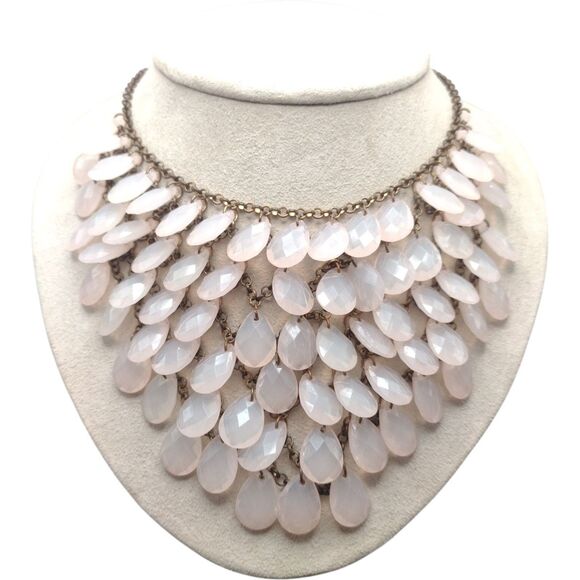 Vintage Statement Bib Necklace Pink Faceted Teardrop Lucite Beads Gold Chain 21" - Picture 1 of 9